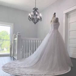 David’s Bridal Ball Gown Sleeveless Aplique Beaded Train Wedding Dress Size 10