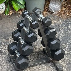 SET OF RUBBER DUMBBELLS (PAIRS OF)  :   5s  10s  15s  20s   &  SMALL PYRAMID  DUMBBELL RACK
   *   *  *  will sell individual pairs
    ••••   22.5s  