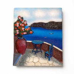 Hand Painted Ceramic Coastal Art Tile Mediterranean Ocean Scene 3D