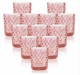 Hermoso juego navideño de 12 portavelas de vidrio rosado – decoración elegante y acogedora