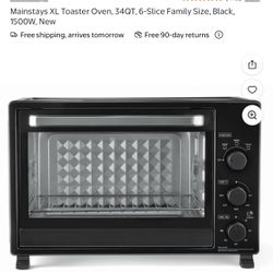 Mainstays XL Toaster Oven, 34QT, 6-Slice Family Size, Black, 1500W, New
