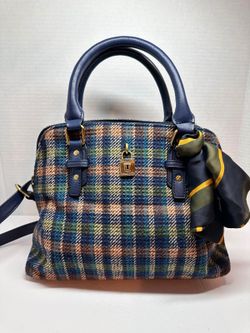 Vintage Blue/ Green Plaid Tweed Top-Handle Satchel Bag Padlock Silk Scarf Accent