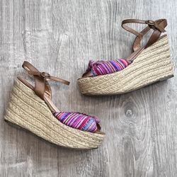 Xhilaration 6.5 Pink Brown Tan Espadrille Mexican Blanket Open Toe Wedges Heels Cinco De Mayo 