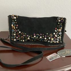 New, Beautiful Mary Frances Retired “Fractured” Black Suede Clutch Bag
