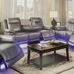 Power Electric Grey Leather Fully Reclining Three Piece Couch Set 