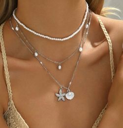 $10 for Layered Pearl Starfish Shell Necklace Silver Beach Seashell Pendant Choker Boho-3 pieces 