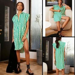 Free People Half Moon Boho Green and White Striped Tunic Shirt Raw Hem Dress
