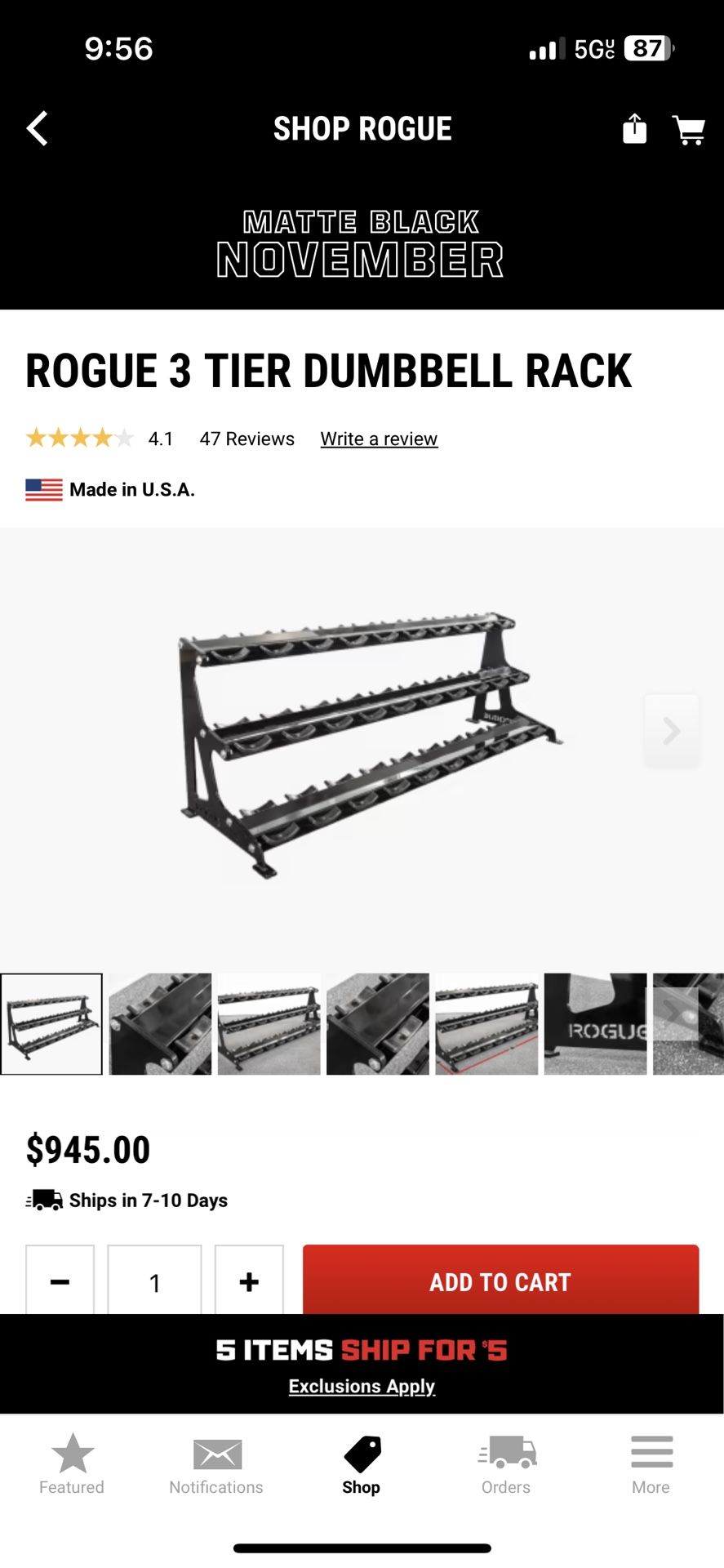 Rogue 3 Tier Dumbbell Rack Holds 15 Pairs