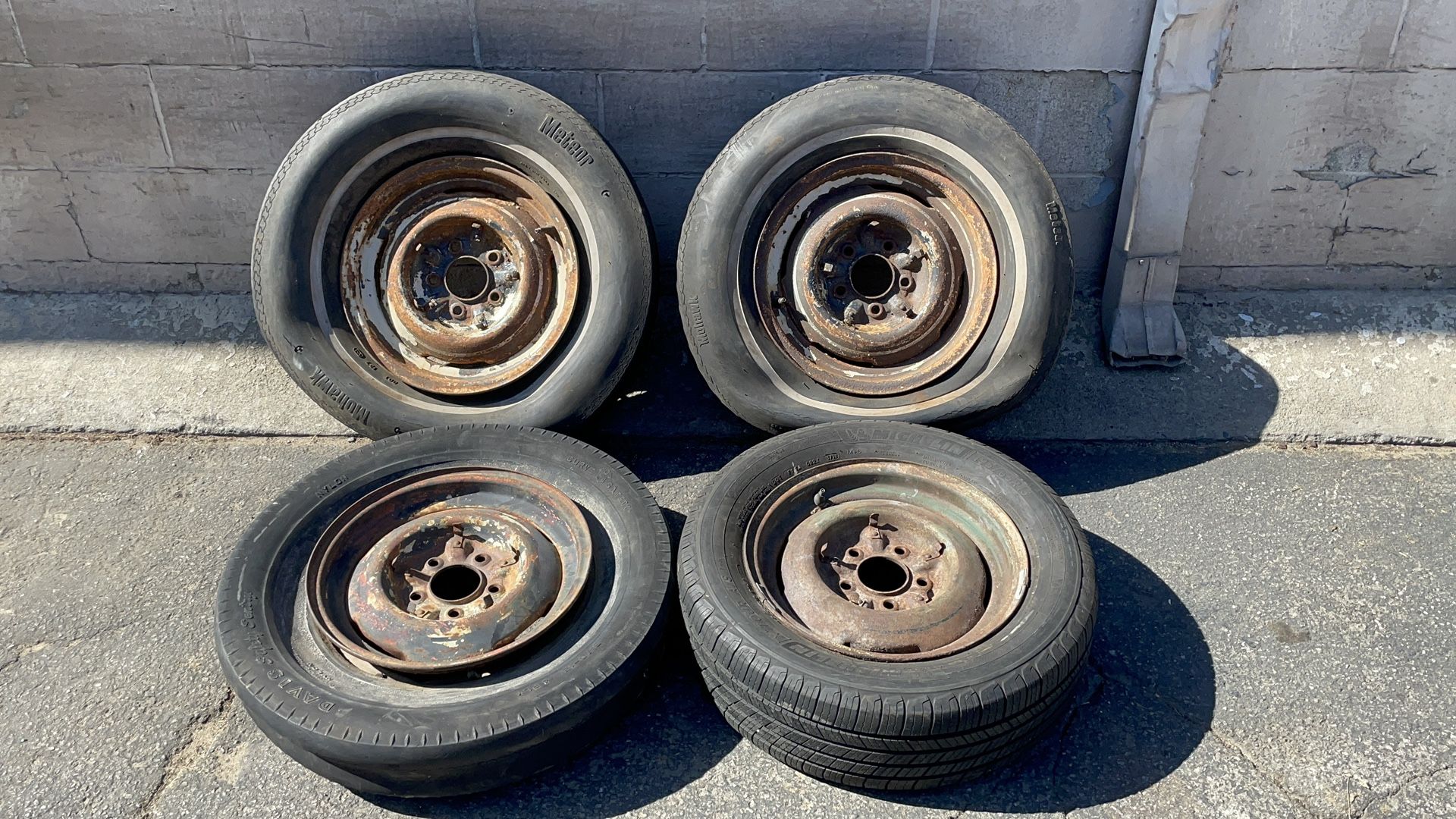 Four 15x5 inch 49-53 Classic Chevy Stock Steel Wheels with clips 5x4.75 inch