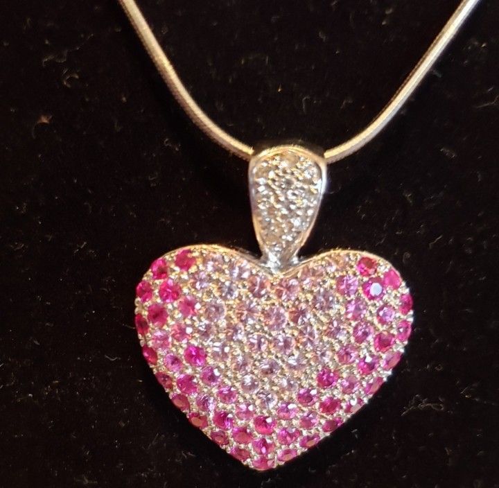 18k White Gold 3.66ct Pink Sapphire Diamond Bale Heart Pendant Large 1.25" Tall
