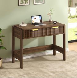 34 Inch Small Fluted Computer Desk with Drawer — Walnut