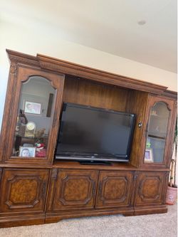 Large Solid Walnut Entertainment Center with Display Cabinets