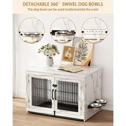 Wooden Dog Crate Furniture with 360°Rotatable Removable Dog Bowls, Dog Crate End Table with Tray, Double Doors Dog Kennels for Dogs(XL:43.2" L*28.6" W