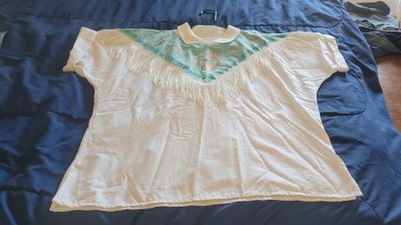 Vtg Hazel Woods Southwestern Fashion Top XL White Cotton Turquoise Short Sleeve