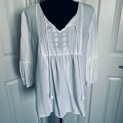 St John’s Bay White Embroidered Blouse w Tassels 3/4 Sleeves Size XL