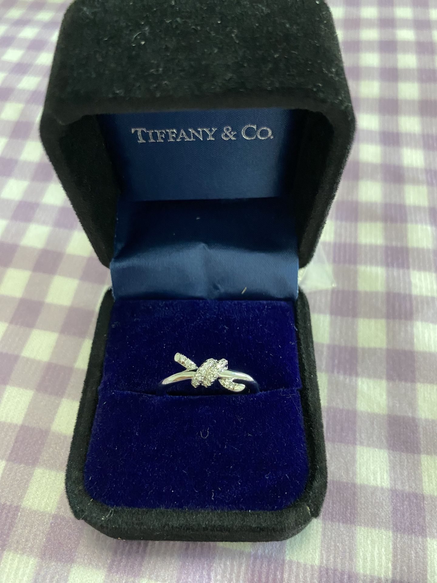 Tiffany & Co. 18k white gold diamond knot ring, size 7 