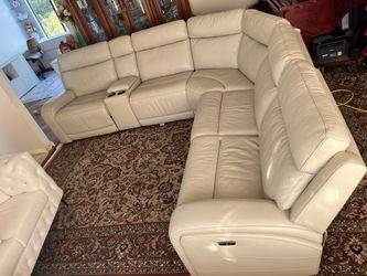 Cream Leather Power Reclining Sectional Sofa