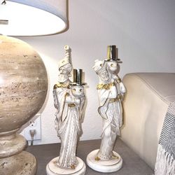 Set Of 2 Vintage Ceramic Gilded Hand-painted Pillar Candle Holder Home Decor