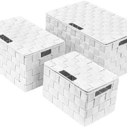 White 3 pack Set Woven Basket Bin Container Organizer