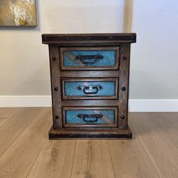 Oversized Solid Wood Chilean Pine Turquoise Patina Copper Inserts Nightstand