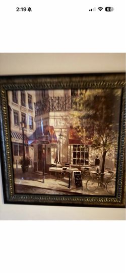 Two French Bistro Cafe Style Framed Pictures with Brown Gold Frames