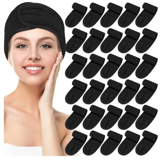 30 Pack Spa Headband Facial Esthetician Hair Wrap for Women Adjustable Makeup Sports Shower Stretch Towel with Tape(Black)