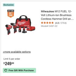 Milwaukee M12 FUEL 12-Volt Lithium-lon Brushless Cordless Hammer Drill and Impact Driver Combo Kit w/2 Batteries and Bag (2-Tool) Store SKU# 1007-837-
