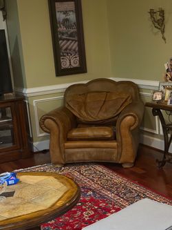 Real Leather Armchair + Matching Loveseat Set w/ Nailhead Trim – $450
