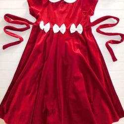 Girls 7-8 red Velour Dress Ivory Satin Bows 