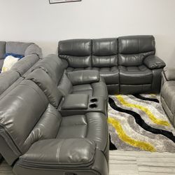 Summer clearance sale. Madrid, gray leather reclining sofa and loveseat set now $1199. Easy finance option. Same day delivery.