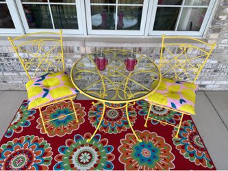 Super Cute !! Vintage Yellow Heavy Wrought Iron Bistro / Patio Set with 2 folding chairs and Heavy glass top table!