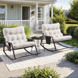 Patio Rocking Chair Set of 2 with Cushion, Papasan Chair with Footrest Cream White, Indoor & Outdoor Rocker Chair for Living Room, Bedroom, Patio, Gar