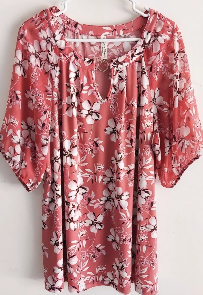 PERSEPTION Womens 2X Pullover Blouse Mauve Floral with Sheer Elasticized Sleeves