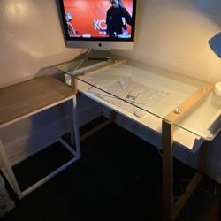 Glass Top Desk - With Small End Table And Lamp