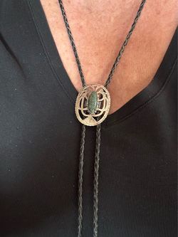 Sterling Silver Vintage Western Bolo Tie with Green Stone