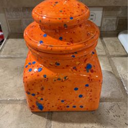 Groovy Retro Orange With Blue Red And Yellow Ceramic Canister With Lid