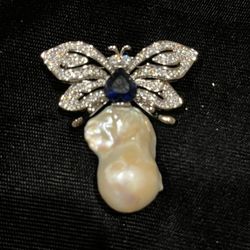 Pace Cz  Sapphire  & Baroque Pearl Pin 
