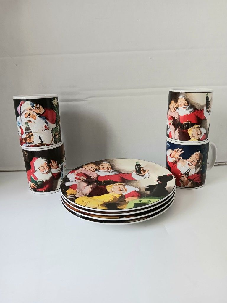 Coca-cola Vintage 8" Plates W/ 4 Matching Coffee Mugs Christmas Vintage 8pc Set