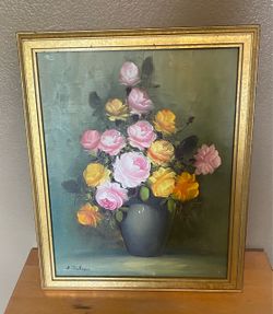 BEAUTIFUL VINTAGE FRAMED FLORAL CANVAS OIL PAINTING