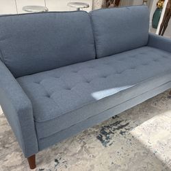 70” Blue Modern Chesterfield RH West Elm Pottery Barn Look Tufted SOFA COUCH. MCM Style Brown Wood Legs. No Pets. No Smoking. No Kids. Like New!
