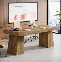 55.1" W Conference Table for 4 People, Small Meeting Table with Thick Tabletop and Double Trapezoidal Legs, Modern Wood Seminar Desk Office Furniture 