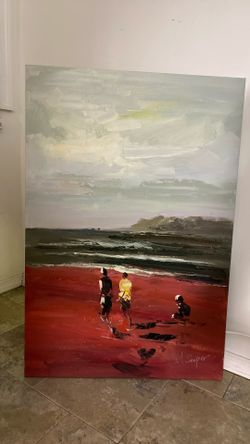 Original Painting Beach Scene On Canvas Signed By M Cooper.