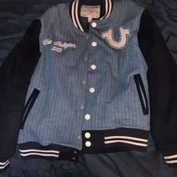 True Religion Men's Blue Dress Pinstripe Denim Varsity Bomber Jacket