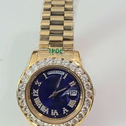 Gold Cz Diamond Blue Face  Autometic Movement Men's Women's Unisex Watch Gift