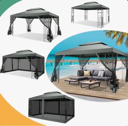 HOTEEL 10x13ft Gazebo on Clearance, Outdoor Gazebo Tent with Mosquito Netting and Ventilated Double Flat Roof, All Weather Easy Assembly for Patio, Ba
