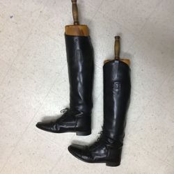 Antique leather riding boots and wood laths- display only 