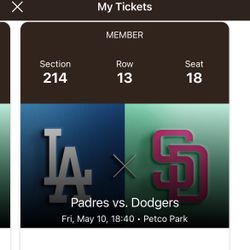 Friday 5/10 DODGERS V PADRES SEC 214 Two Seats