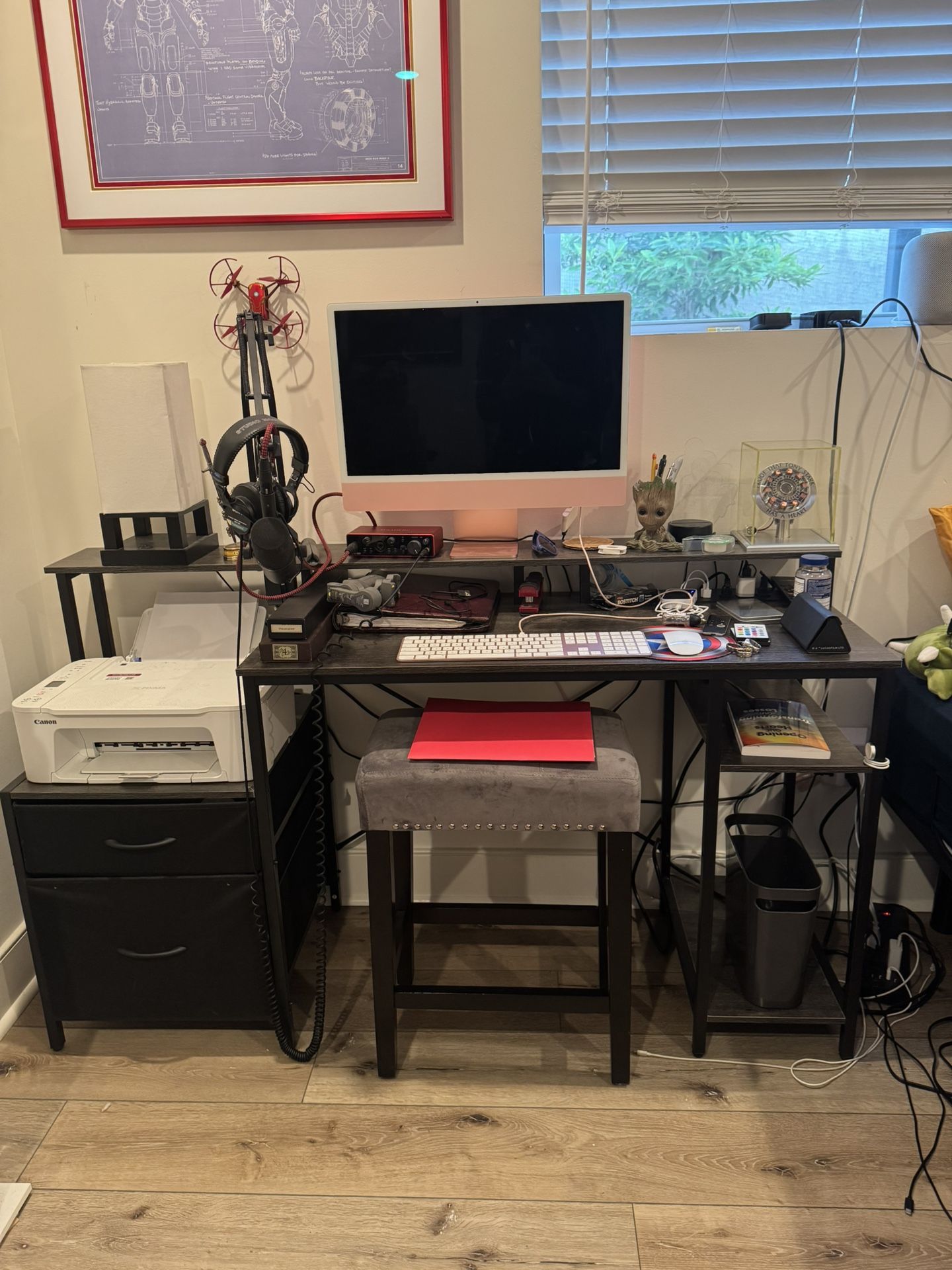 Computer Desk, Gaming Desk with LED Lights & Outlets, 59" Office Desk with Drawers Long Home Office Desks with Fabric File Cabinets, Work Desk with St