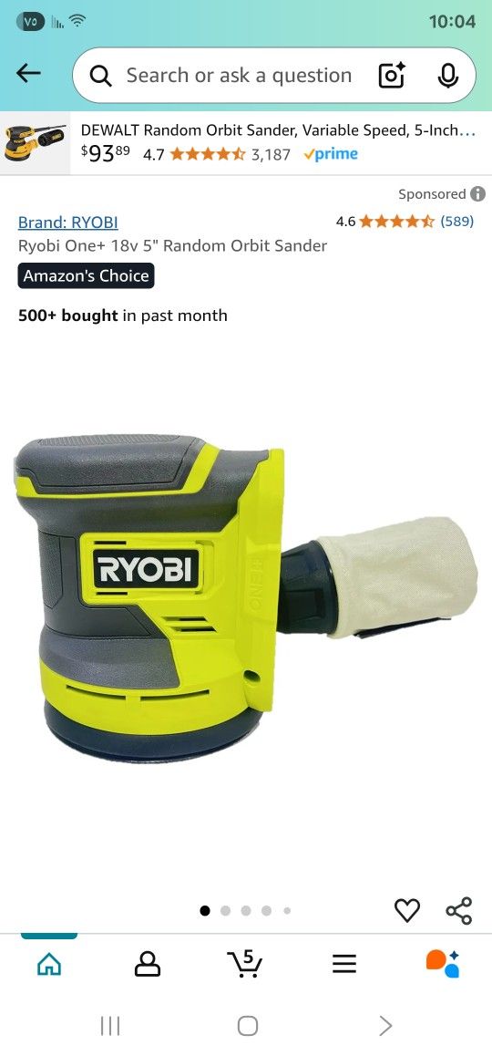 Ryobi One+ 18v 5" Random Orbit Sander Tool Only