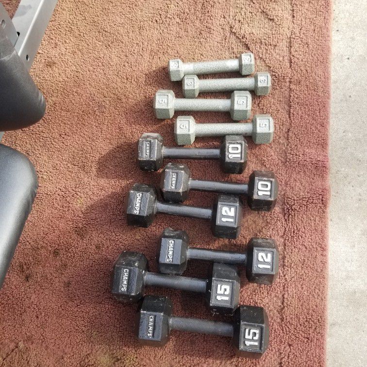 SETS OF HEXHEAD DUMBBELLS   15s. 12s. 10s.  5s  3s TOTAL  90LBs
7111.  S. WESTERN WALGREENS 
$100.    CASH ONLY 